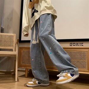港风 春夏宽松百搭墨点印花休闲牛仔裤直筒裤男女NZ601 P65控88图片