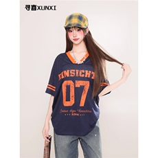 T199-P36美式街头复古V领7号球衣短袖夏季透气网眼篮球运动T恤，女装T恤，电商B323A