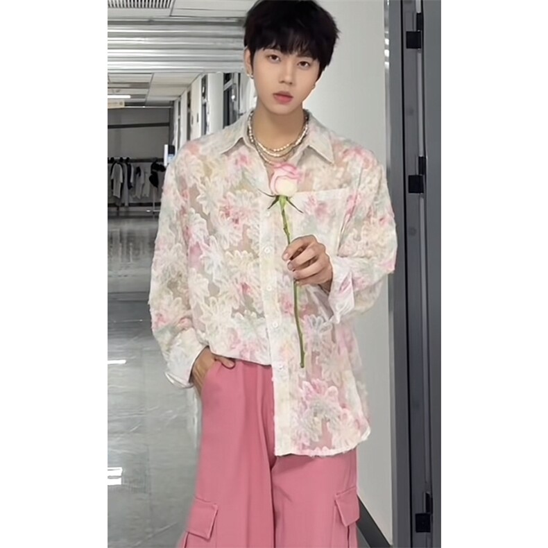 直播品质碎花防晒衣镂空流苏薄款长袖衬衫C2452-TP48控78，男装防晒衣，星座1213