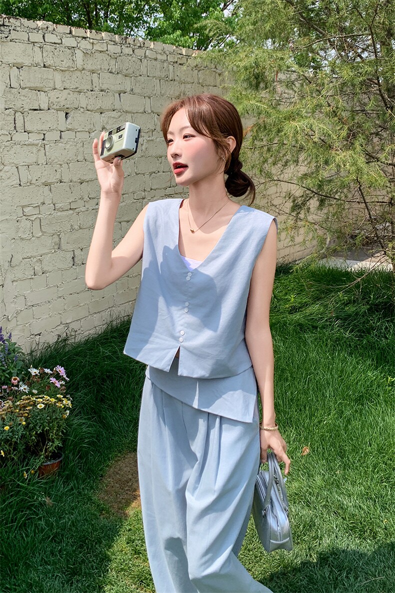 蓝色无袖上衣休闲裤套装2025新款女初夏松弛感穿搭流行ootd一整套,女装套装/套裙,2C255