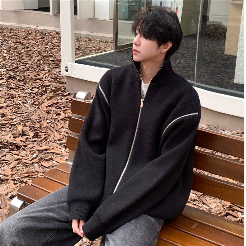 秋冬拉链设计毛衣外套男cleanfit纯色宽松休闲重磅立领针织衫图片