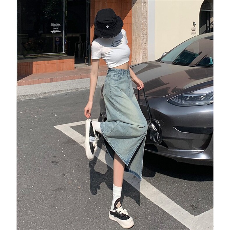 高腰开叉牛仔半身裙女2025新款夏季遮胯a字美式摆裙包臀中长裙子,女包手腕包,星座1210-1