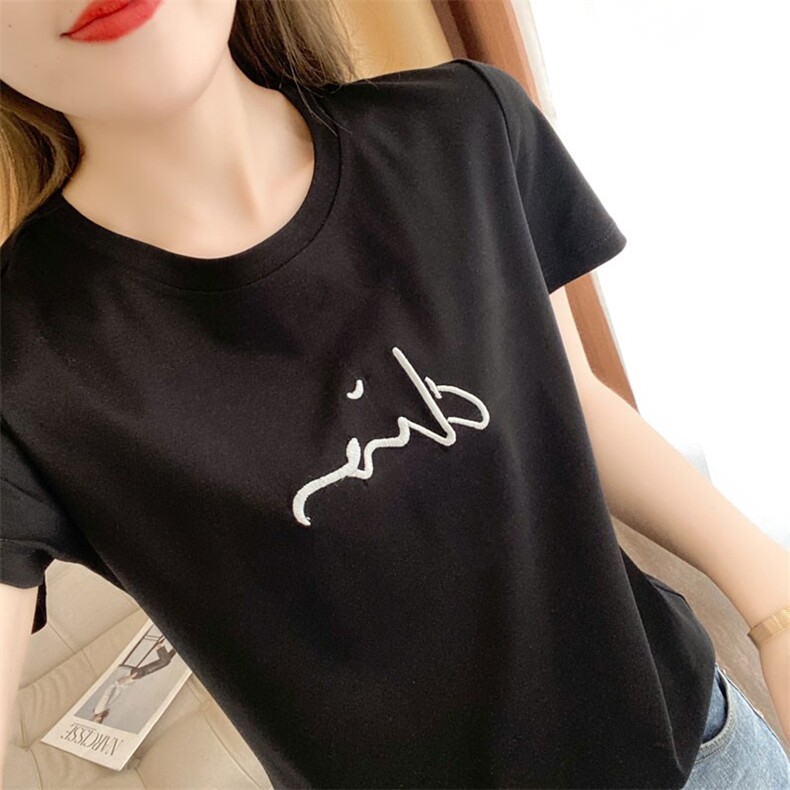 丝光棉烫钻烫画刺绣短袖t恤女夏季新款韩版宽松显瘦百搭圆领上衣,女装T恤,元素羊绒