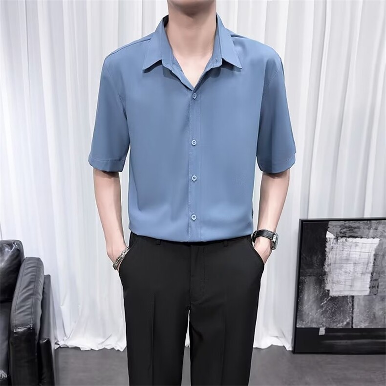 冰丝短袖衬衫男商务休闲免烫半袖衬衣夏季宽松五分半袖寸衫 D6图片
