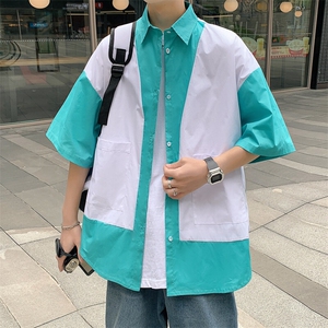 特P38控68 全棉拼接短袖衬衫港风撞色衬衣XCS01图片