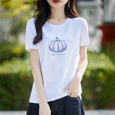 花朵绣片粉色丝光纯棉正肩短袖t恤女2023新款夏季圆领宽松显瘦，女装T恤，暖烁羊绒