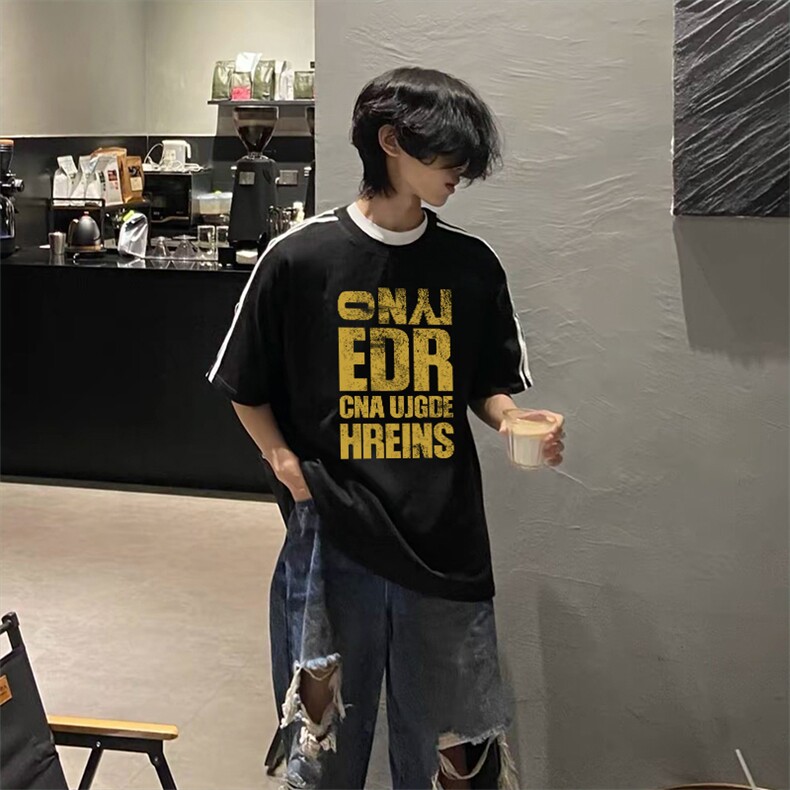 抖音得物高品质二开240克宽松纯棉美式潮牌三条杠织带短袖T恤,男装T恤,电商A486-1