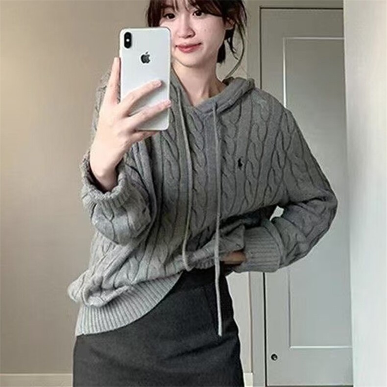 女士秋冬小马刺绣麻花针织帽衫简约舒适,针织衫/毛衣,萱芳婷羊绒