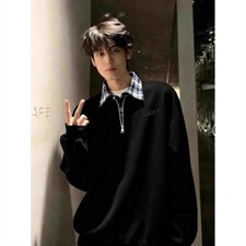 春秋季美式衬衫领假两件卫衣男潮流情侣装宽松字母刺绣上衣，男装衬衫，四季星座505