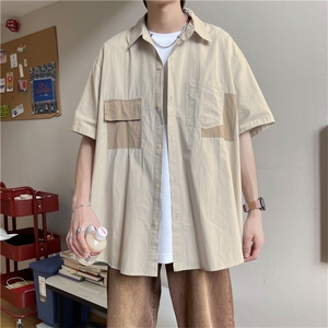 拼接工装衬衫日系cityboy卡其杏色短袖宽松设计感衬衣 W3171-P30图片