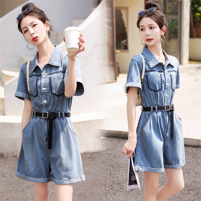 复古高级显瘦牛仔连体短裤潮2025夏新款欧货时髦流行薄款连衣裤女，女装连体裤，意芙