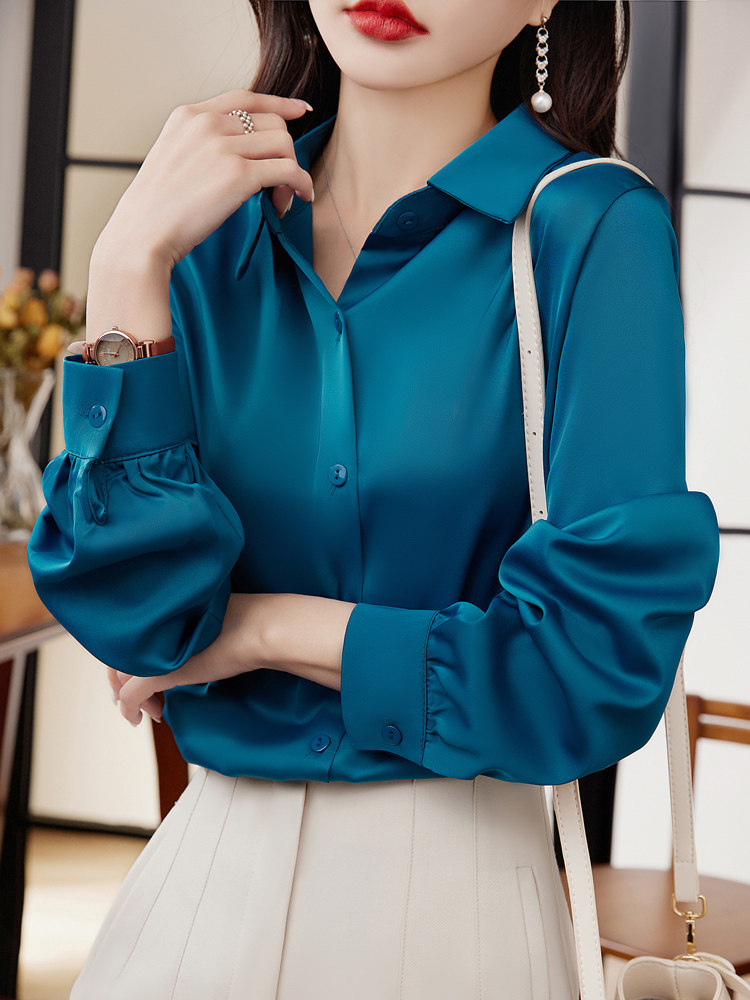 白衬衫女真丝气质长袖冰丝女衬衣上衣夏季丝滑缎面宽松POLO领漂亮,女装衬衫,元素羊绒
