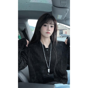 美式高街千鸟格子长袖T恤男女亨利V领英伦雅痞休闲宽松长袖打底衫图片