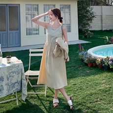 夏季新品设计感条纹背心裙上衣两件套2C2851815P145K218，女装连衣裙，2C285