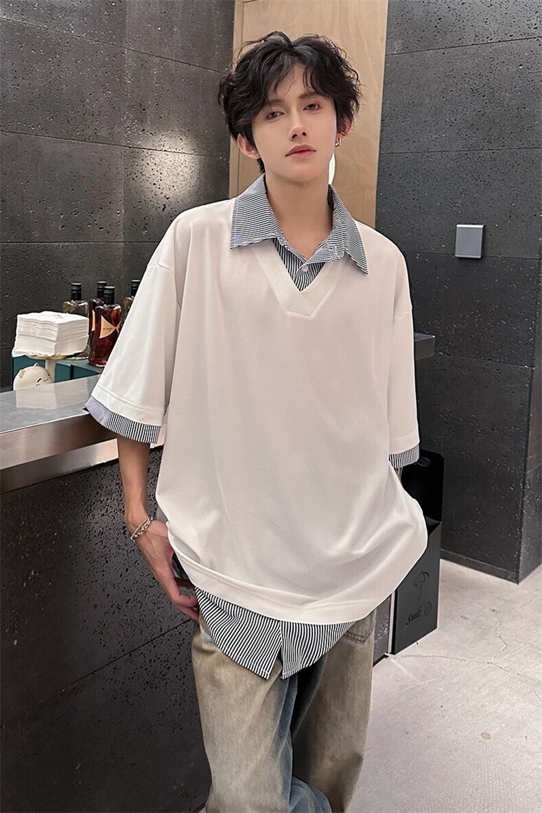 夏季宽松休闲假两件衬衫领短袖T恤潮半袖XZ808B-WH025-P40,男装T恤,星座808B
