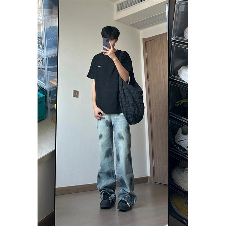 牛仔裤男夏季复古水洗破坏设计感少年宽松直筒裤子N0051,男装牛仔裤,星座1116A（原606A-3）