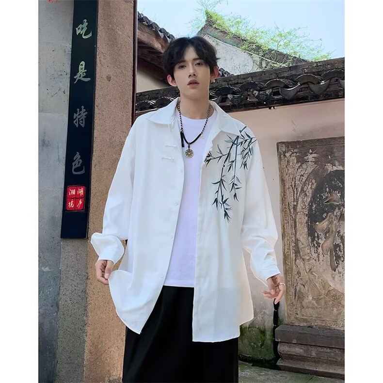 新中式风长袖衬衫男学生装春夏宽松刺绣团建出游衬衣夏季短袖潮,男装衬衫,星座410-7