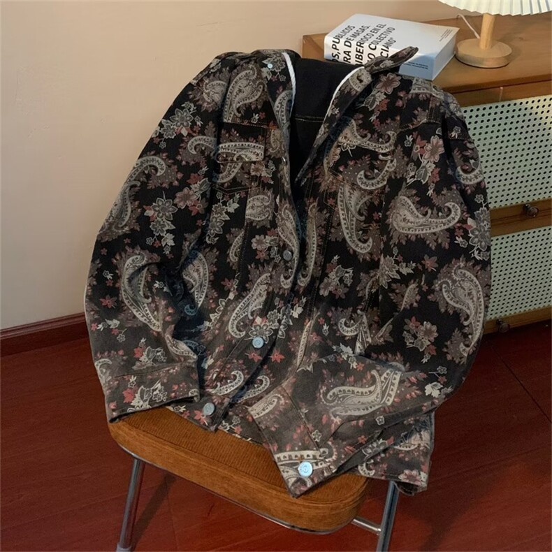 美式复古腰果花做旧牛仔夹克男潮牌宽松bf休闲工装外套J0752-p68,男装夹克,星座1008