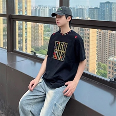 万针全刺绣工艺抖音得物高品质260克重磅纯棉双纱美式高街短袖T恤，男装T恤，电商A486