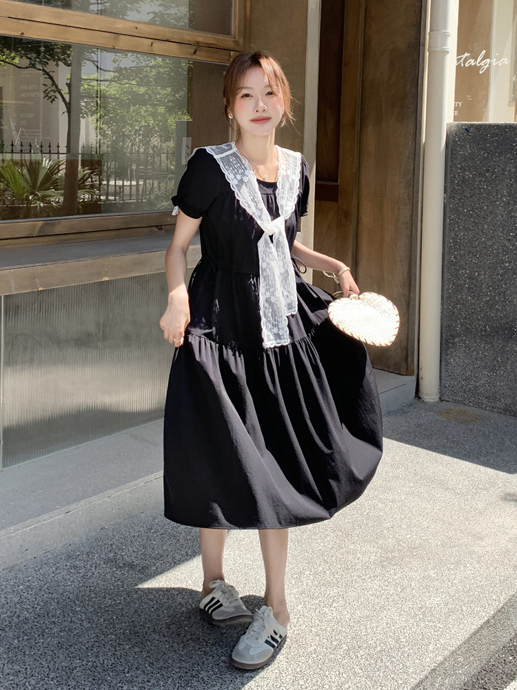 气质蕾丝披肩系带连衣裙女夏季2025通勤风淡人圆领腰部抽绳A字裙,女装连衣裙,浙宝128A