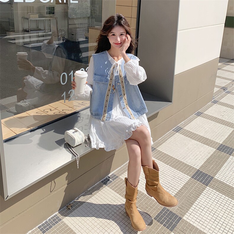 韩系小个子减龄连衣裙套装女2025春新款设计感显瘦牛仔马甲两件套,女装套装/套裙,2C269