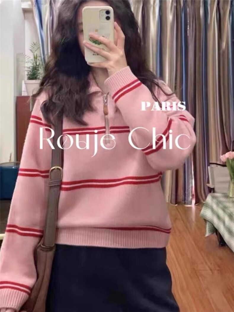 35%山65%羊毛POLO领半拉链条纹针织衫套头加厚宽松打底毛衣女,针织衫/毛衣,百纯羊绒