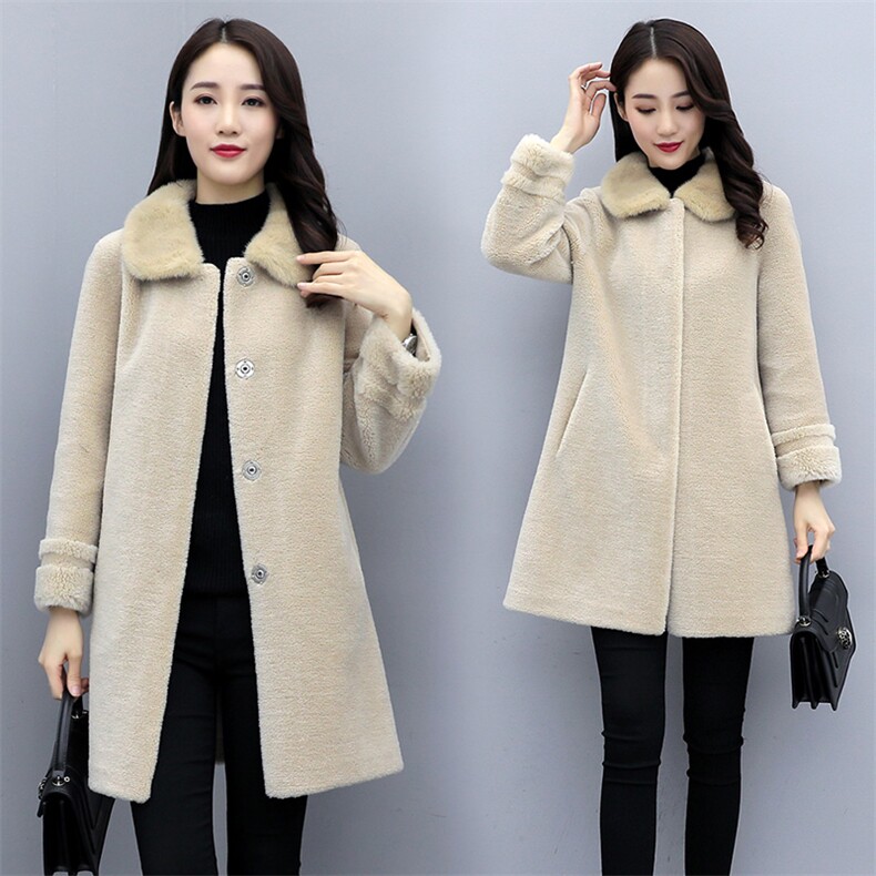 颗粒绒水貂毛领100%羊毛中长款直筒简约时尚皮毛一体外套，女装毛呢外套，媚琳依坊