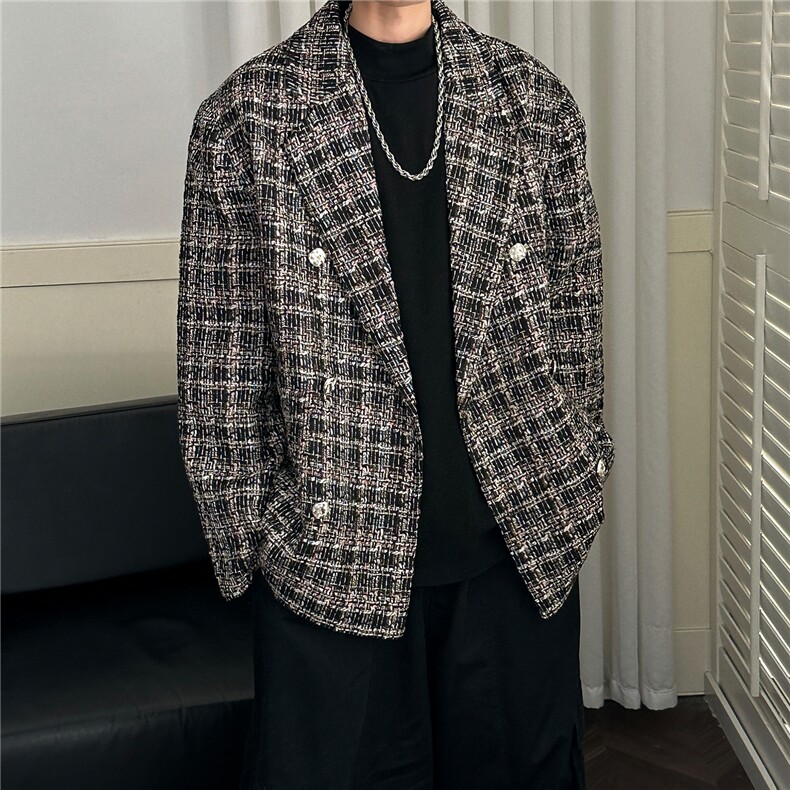 秋冬休闲小香风西装外套男潮格纹呢子西服A351-AX2506-P125,男装西服套装,电商A351
