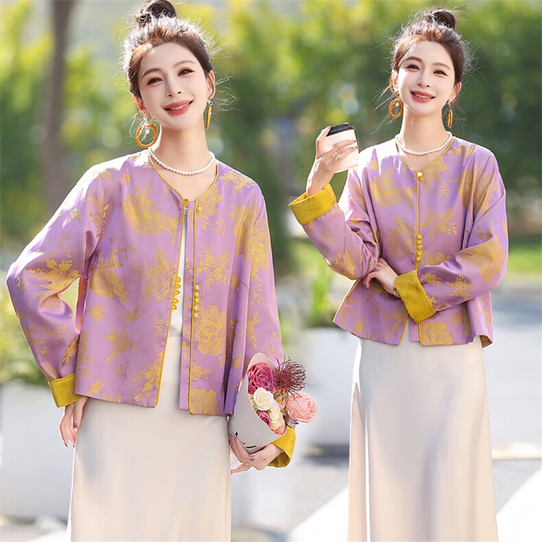 新中式国风短款外套女装2025春秋季新款优雅气质提花刺绣锦缎上衣，女装短外套，木橙西子