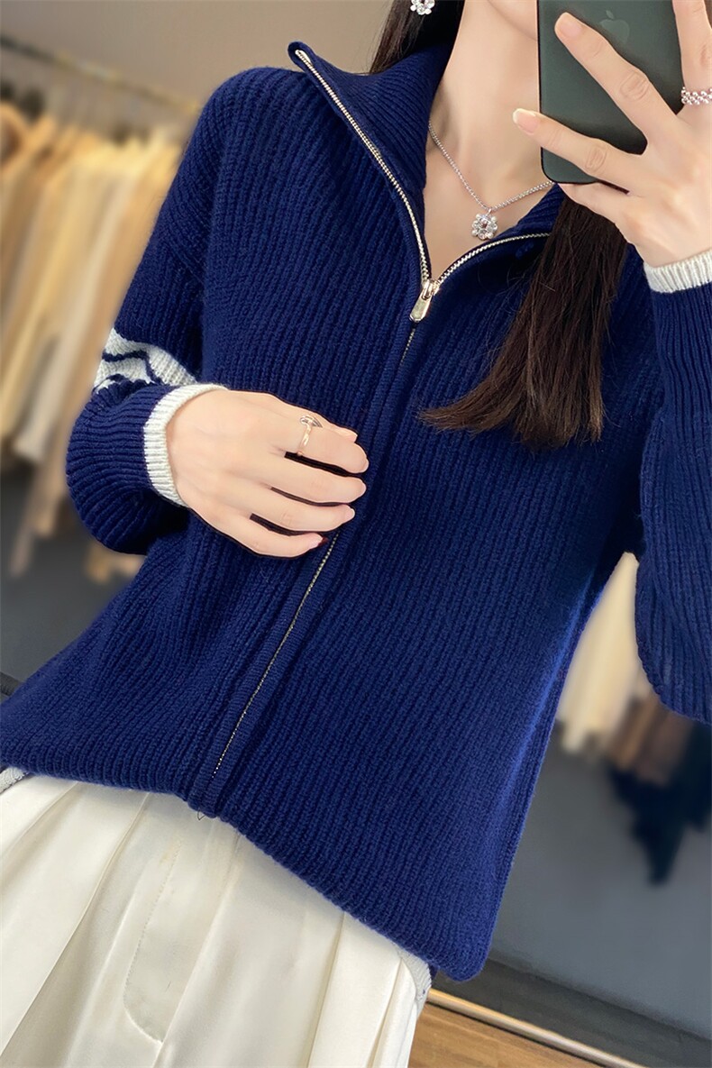立领拉链针织开衫女秋冬新款宽松显瘦纯色羊毛外套,女装羊毛衫,佑昭祥羊绒