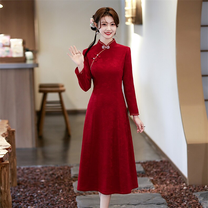 新中式风立领珍珠盘扣加绒针织提花改良大摆旗袍825P145,女装汉服/婚纱/旗袍/礼服,乐衣轩