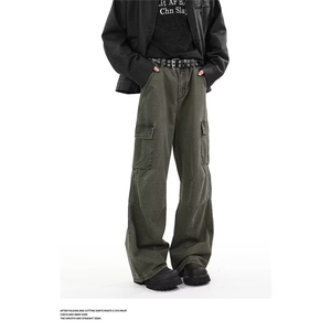 2025新款军绿色牛仔裤男女生宽松直筒阔腿裤美式高街秋季休闲裤图片