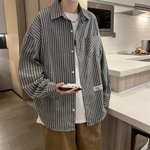 条纹衬衫韩版2022春季新款宽松休闲上衣外套日系衬衣  W2741-P32图片
