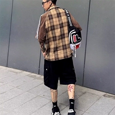 撞色拼接格子短袖衬衫夏插肩袖格纹衬衣设计感休闲上衣潮，男装衬衫，星座506A