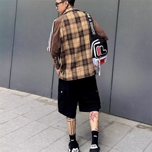 撞色拼接格子短袖衬衫夏插肩袖格纹衬衣设计感休闲上衣潮图片