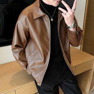 秋季翻领皮夹克男大码贴标男士夹克水洗皮衣A266-PY006-特P40图片