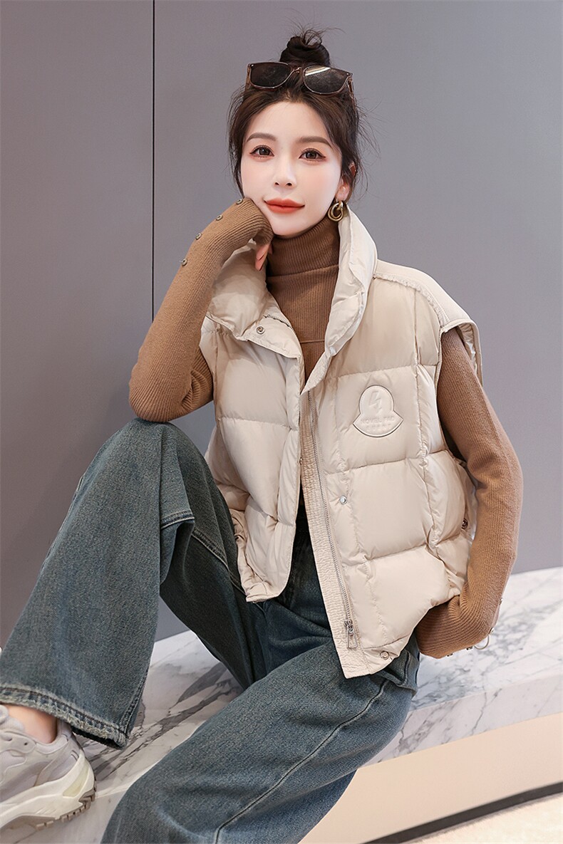 白鸭绒宽松羽绒马甲坎肩潮2024新款纯色显瘦洋气拼接韩版,女装马甲,时尚俏佳人