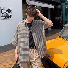 2021夏装情侣格子衬衫宽松港风男女短袖百搭衬衫CS03/，男装衬衫，电商D202
