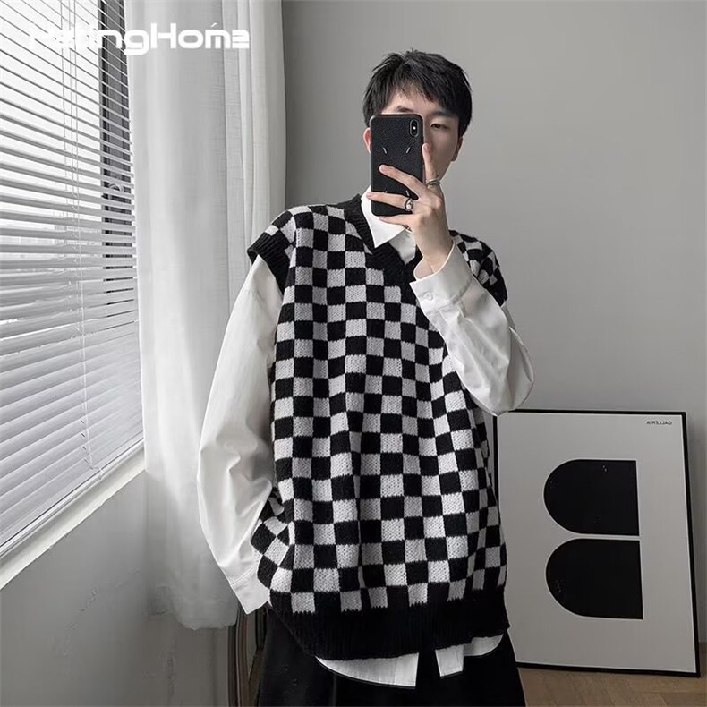 港风秋款男V领背心条纹棋盘格针织衫拼色线衣M537P33,男装背心/马甲,星座1013-1