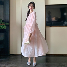 法式流苏粉色连衣裙女春秋2025新款桔梗初恋温柔风少女感甜美长裙，女装连衣裙，2C272
