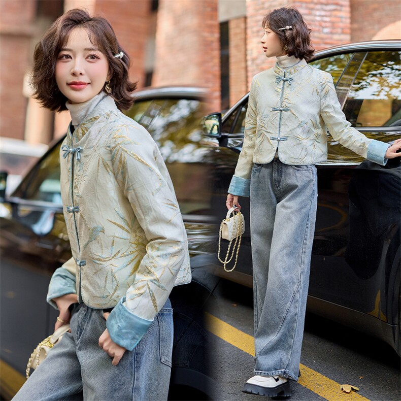 新中式轻薄羽绒服女短款2025年新款春白鸭绒时尚唐装提花外套,女装短外套,水衣源