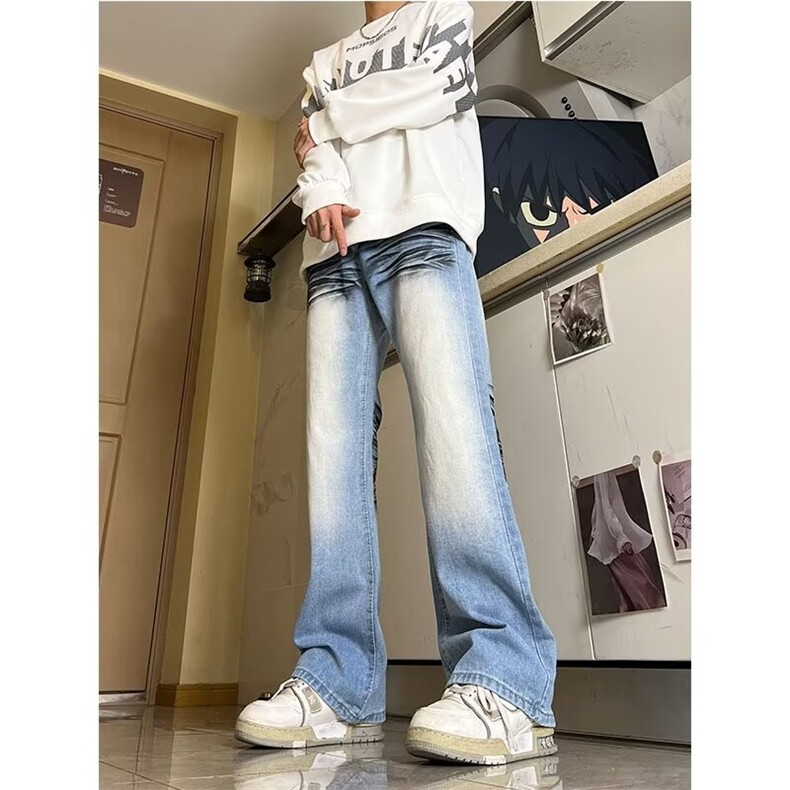 美式扎染牛仔裤男秋季新款直筒百搭显瘦微喇加长休闲裤,男装休闲裤,星座410-6（原星座1304-1）