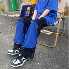 流苏牛仔裤男潮流高街原宿风宽松毛边嘻哈长裤潮牌撞色BK78-P73，男装牛仔裤，星座1109-3