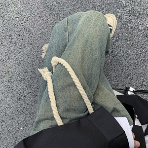 直筒阔腿拼接牛仔裤男女复古设计感拖地长裤N01346-P45图片