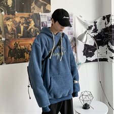 703-W199-P58秋冬港风加绒羊羔毛卫衣绣花套头帽衫，男装卫衣，星座703