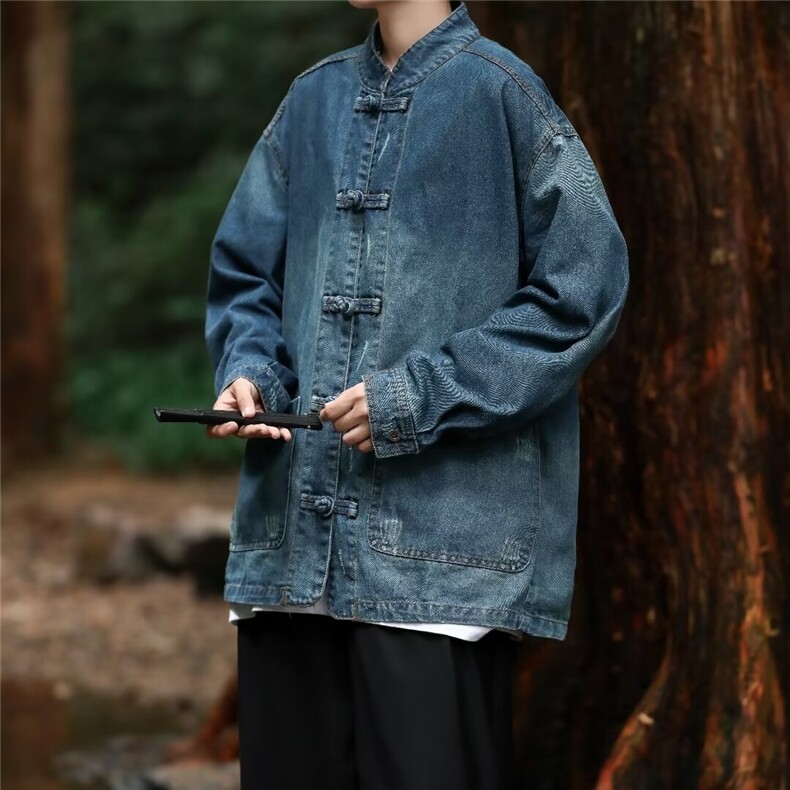 新中式渐变色水洗牛仔夹克男做旧刮烂外套唐装盘扣褂子N8623P78,男装夹克,星座1116-2