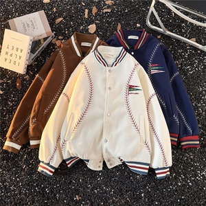 美式复古刺绣撞色毛呢棒球服男女秋冬季宽松情侣装休闲外套图片