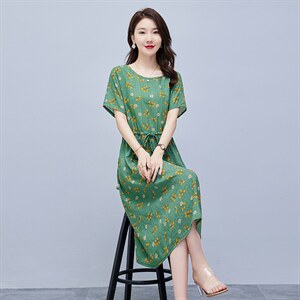 连衣裙2022年夏季潮流舒适简约时尚中长款圆领碎花,女装连衣裙,贵人树