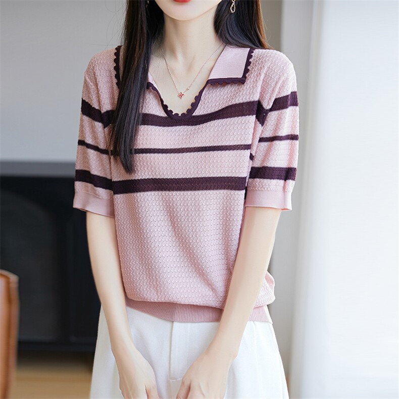 莱赛尔针织条纹短袖T恤女2025夏薄POLO领撞色宽松显瘦百搭上衣t恤,针织衫/毛衣,唐诺