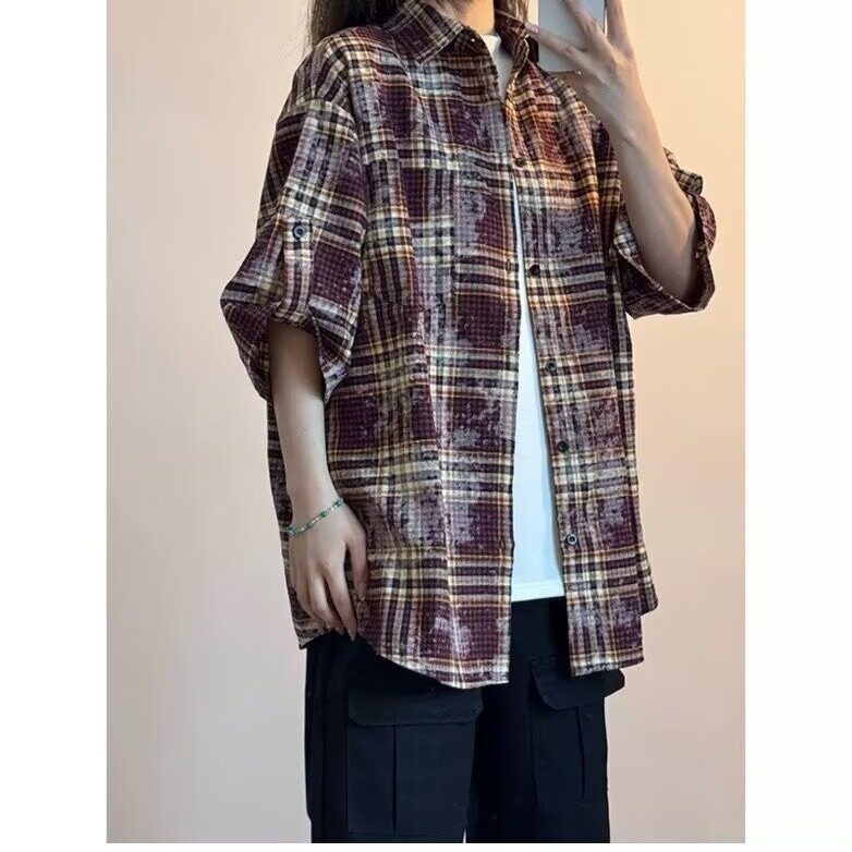 夏款格子短袖衬衫男生潮流青少年百搭宽松五分袖休闲上衣LS39P36,男装T恤,星座1013-5